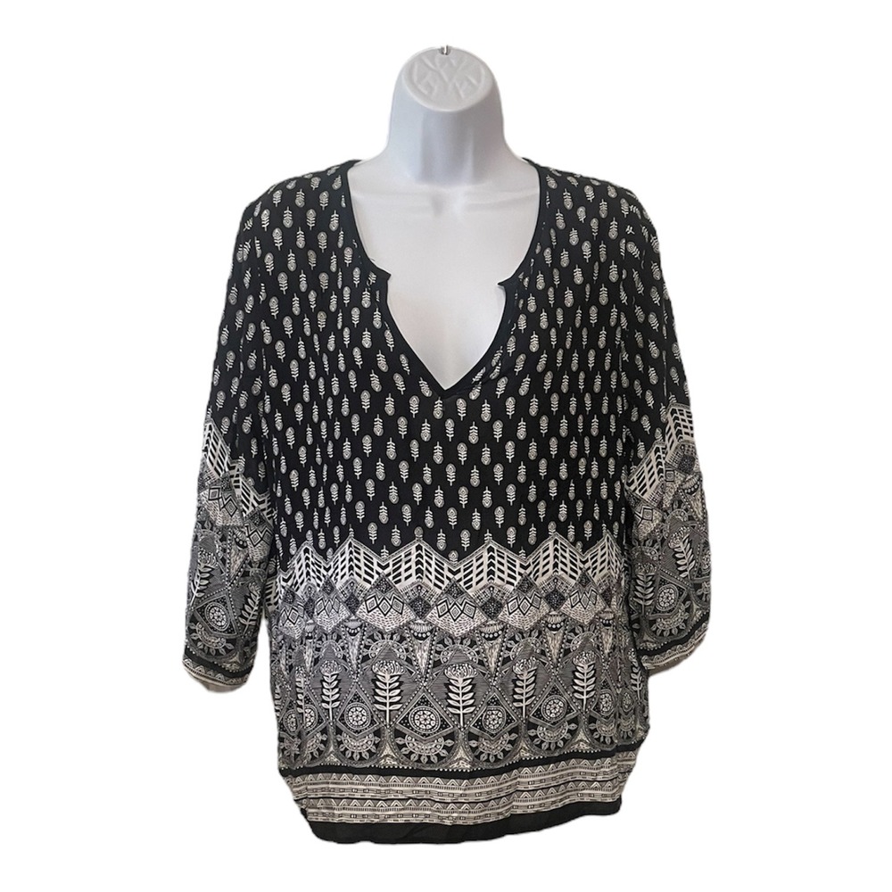 Gisson Latmer Black White Boho Print V Neck 3/4 Sleeve Tunic Top Women's‎ M